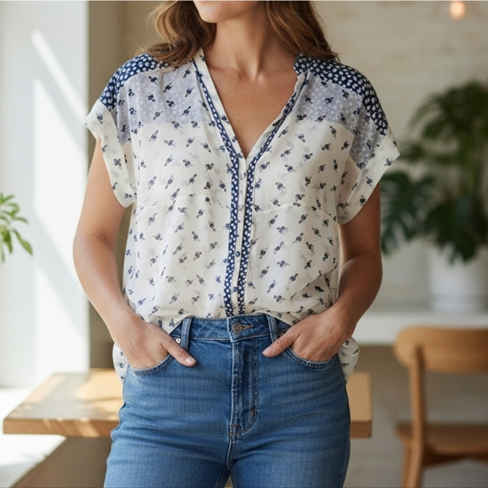 Melissa Nepton Sheer Swan Print Blouse XS White Navy Top